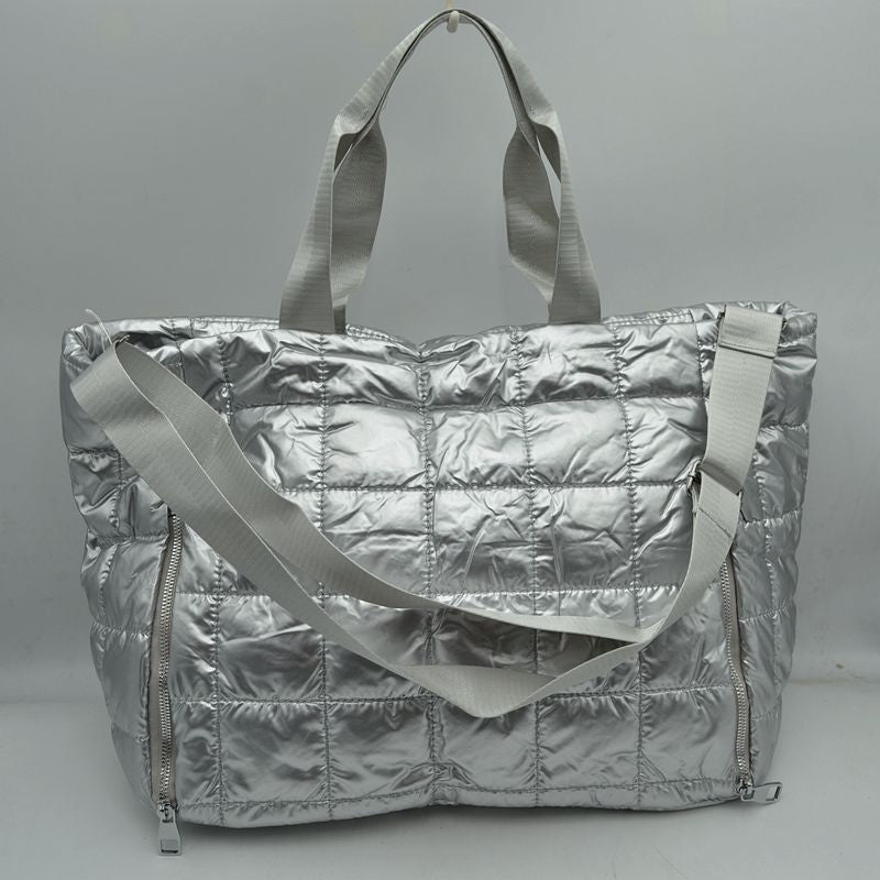 Grid Quilted Puffer Weekender Travel Duffel Bag with Exterior Zipper Pockets