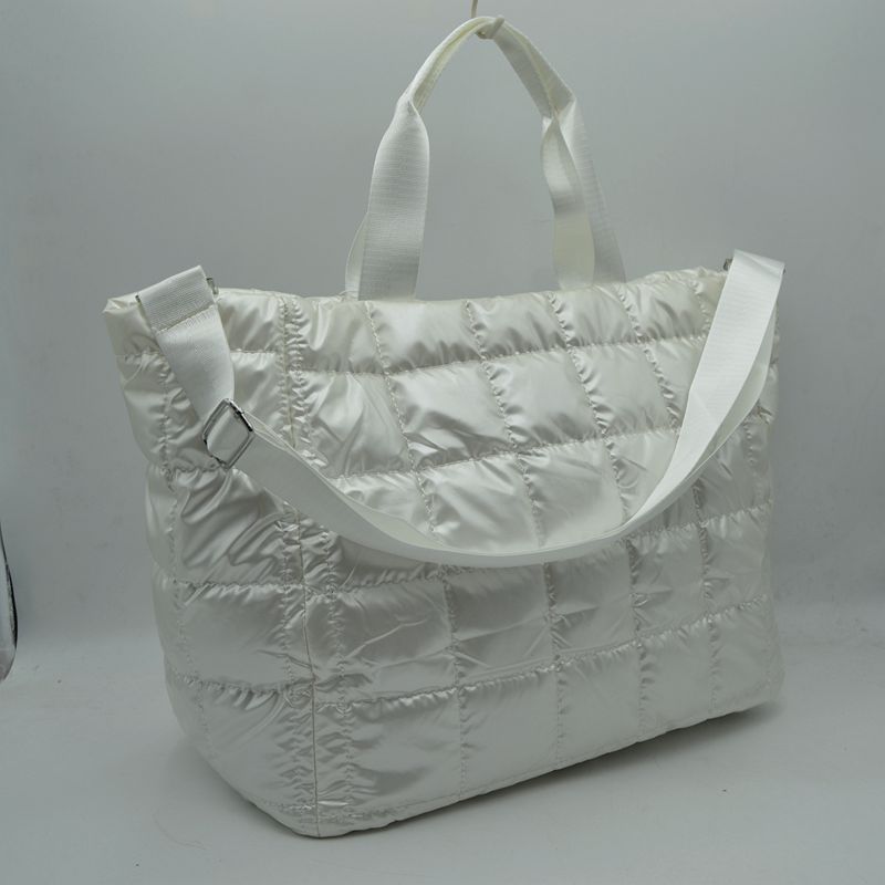 Grid Quilted Puffer Weekender Travel Duffel Bag with Exterior Zipper Pockets