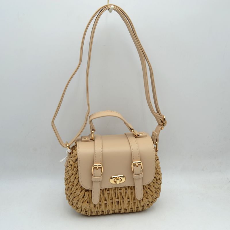 Woven Straw Satchel Bag with Faux Leather Flap and Double Buckle Accent
