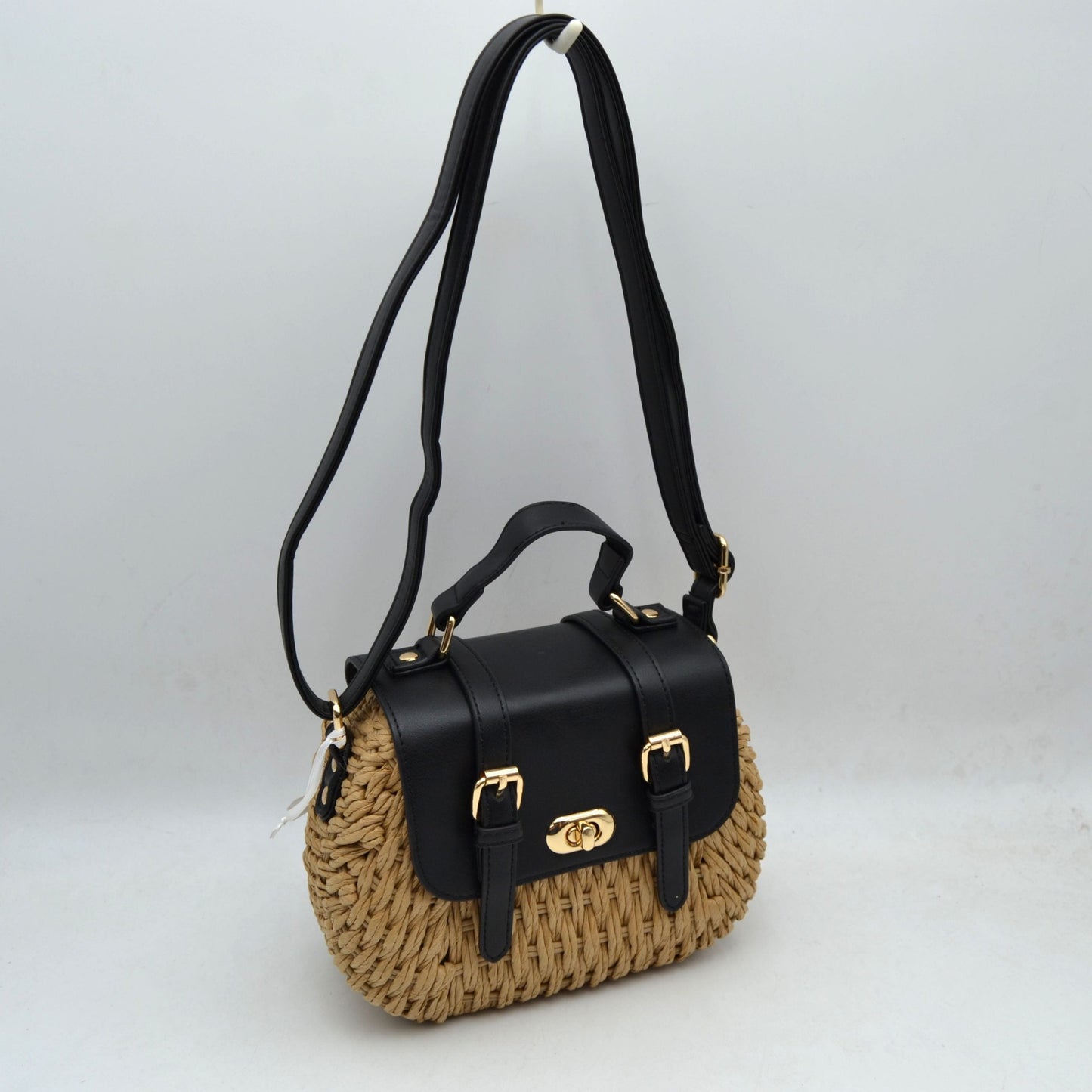 Woven Straw Satchel Bag with Faux Leather Flap and Double Buckle Accent