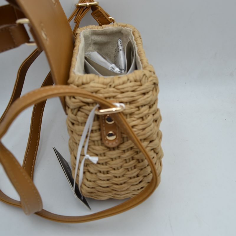 Woven Straw Satchel Bag with Faux Leather Flap and Double Buckle Accent