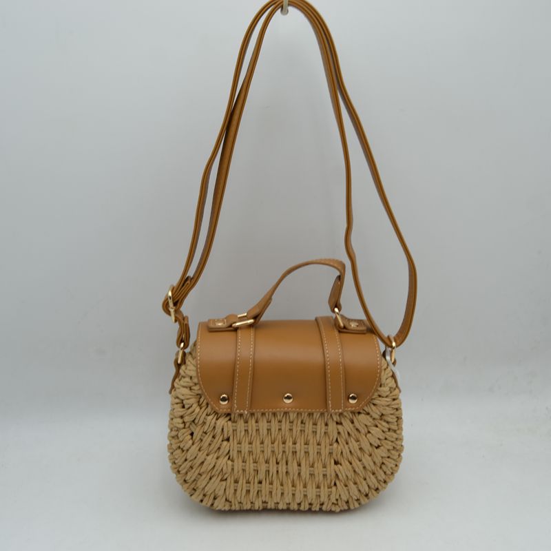Woven Straw Satchel Bag with Faux Leather Flap and Double Buckle Accent