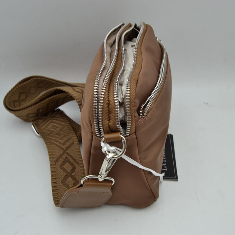 Multi-Zipper Nylon Crossbody Bag with Wide Textured Strap