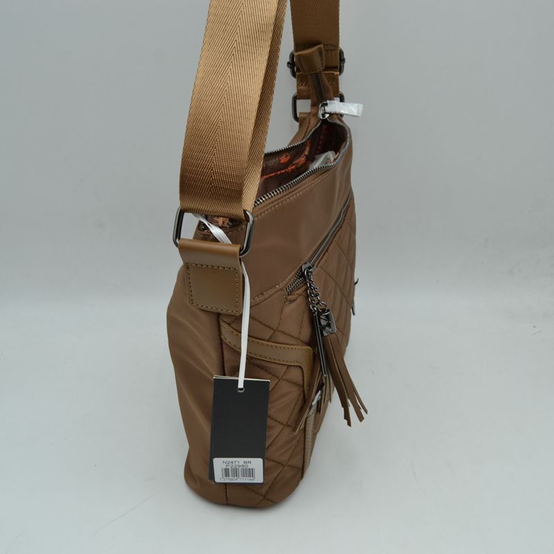Quilted Nylon Crossbody Bag with Buckle Accents and Tassel Charm