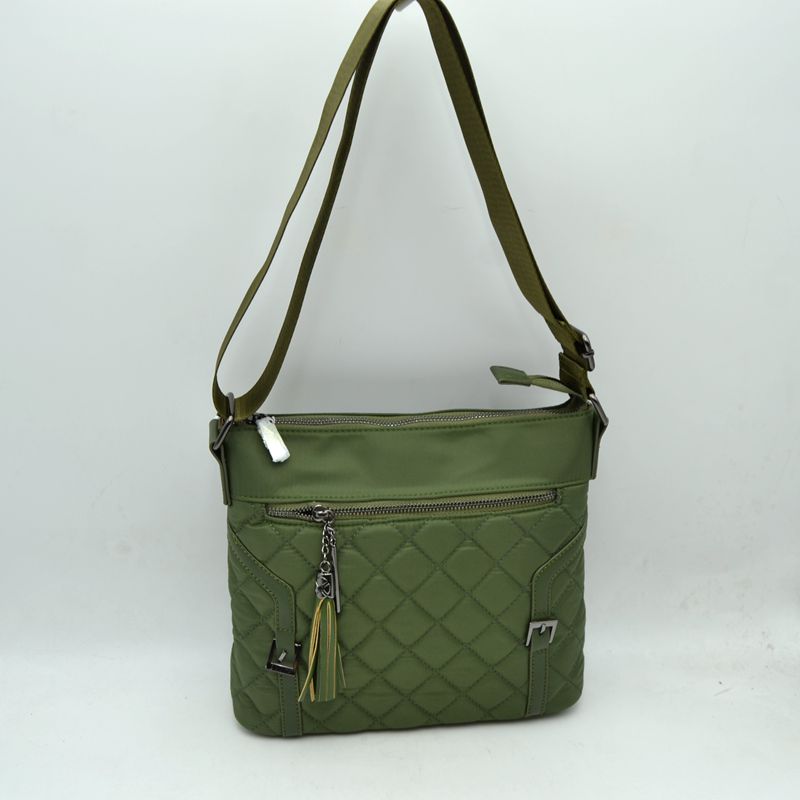 Quilted Nylon Crossbody Bag with Buckle Accents and Tassel Charm
