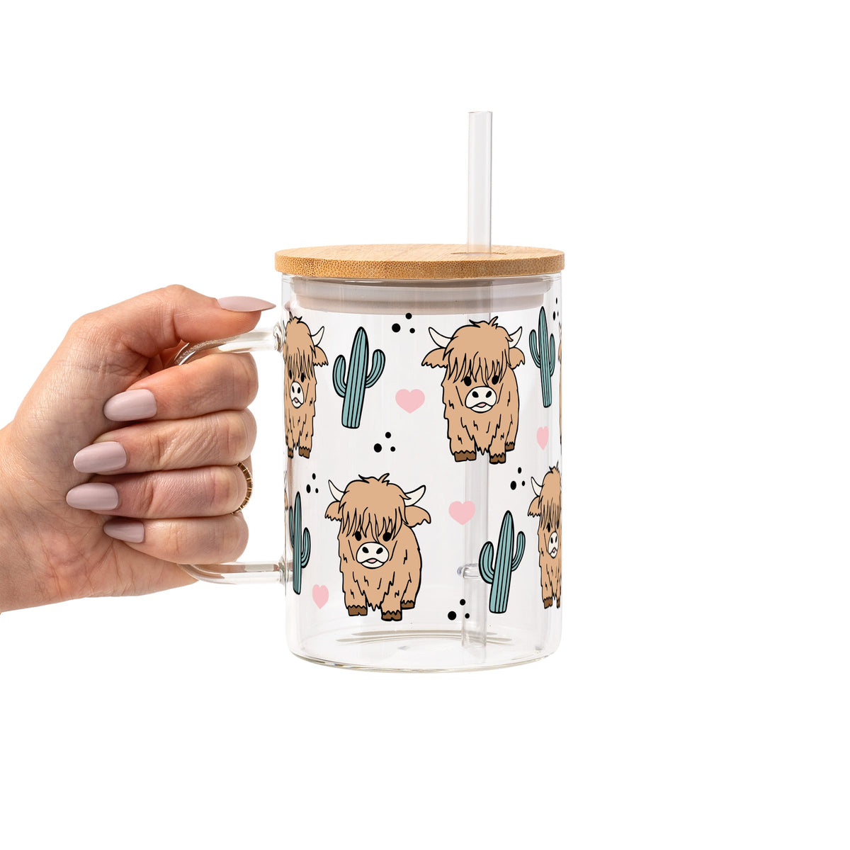 Fluffy Highland Cow With Cacti Glass Cups