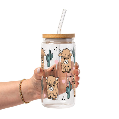 Fluffy Highland Cow With Cacti Glass Cups