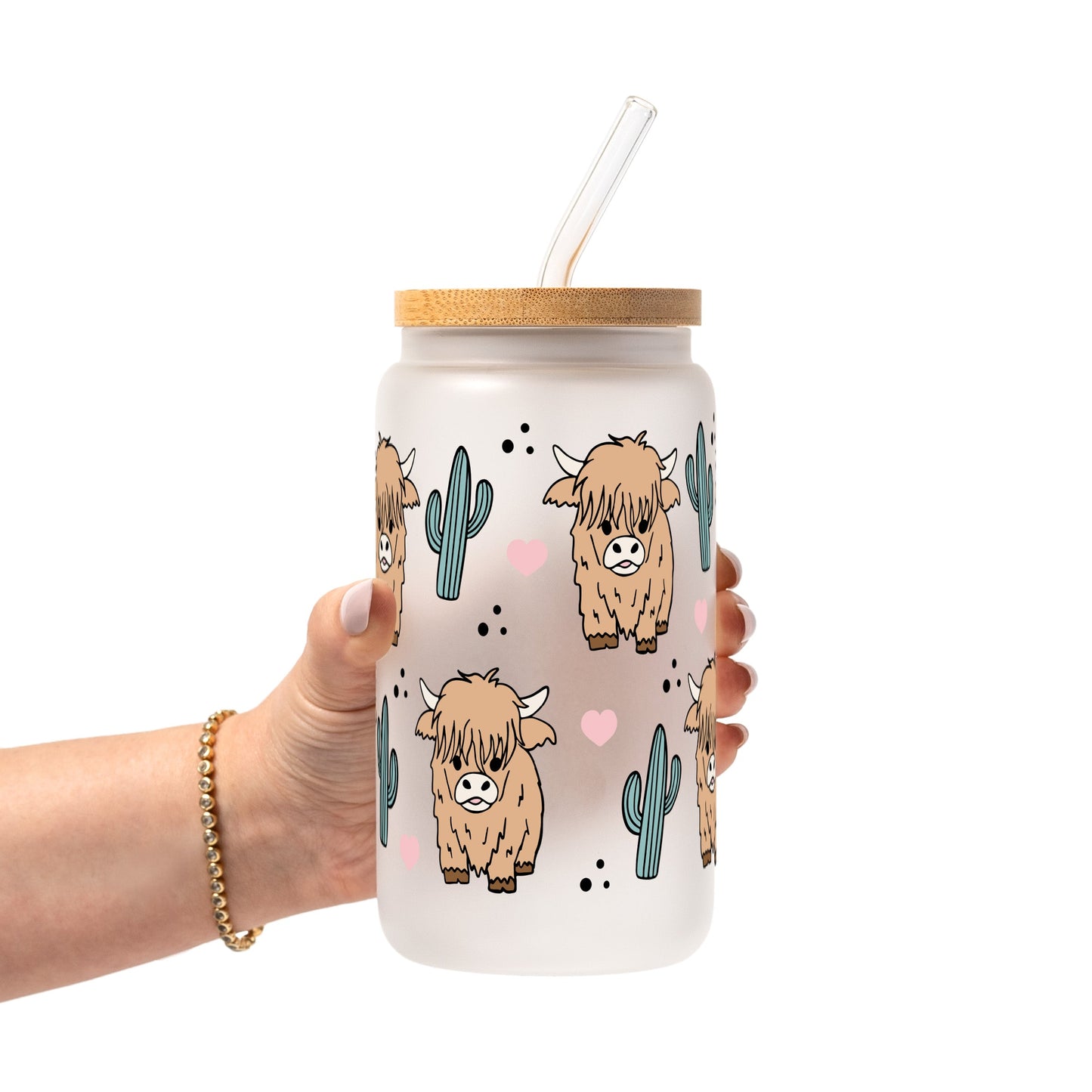Fluffy Highland Cow With Cacti Glass Cups