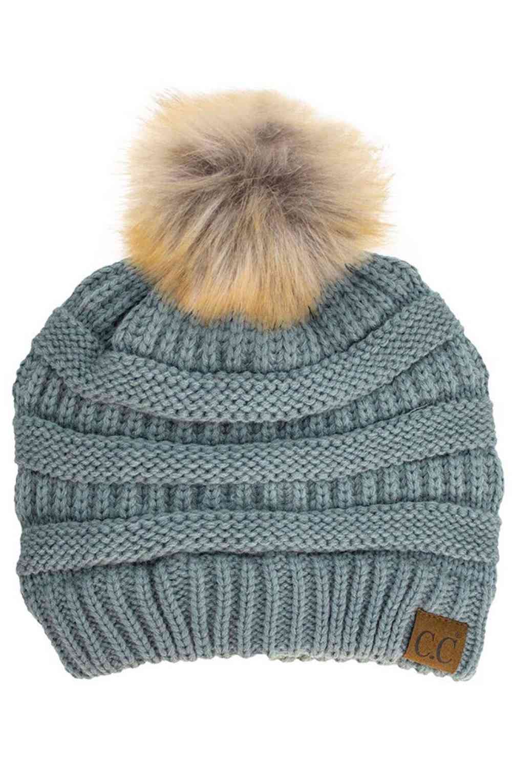 C.C Solid Ribbed Knit Beanie with Pom