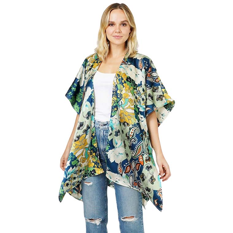 Floral Patterned Satin Cover Up Kimono Poncho