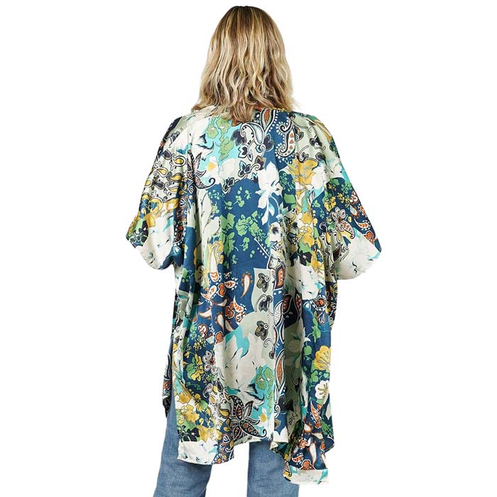 Floral Patterned Satin Cover Up Kimono Poncho
