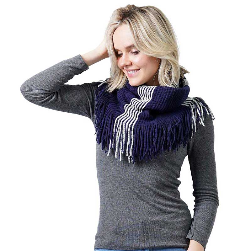 Stripe Knit Tube Scarf With Tassel