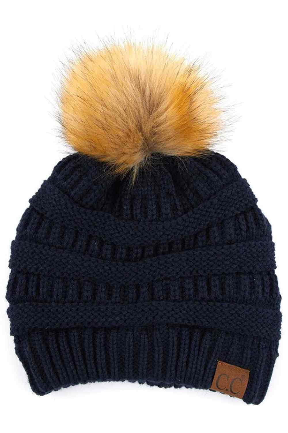 C.C Solid Ribbed Knit Beanie with Pom
