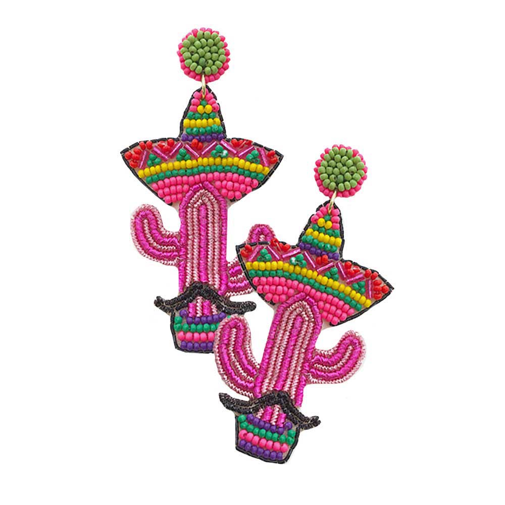 Felt Back Seed Beaded Cactus Dangle Earrings