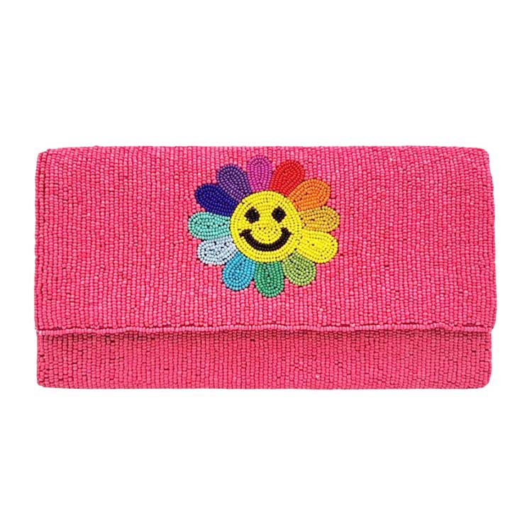 Smile Flower Accented Seed Beaded Clutch Crossbody Bag
