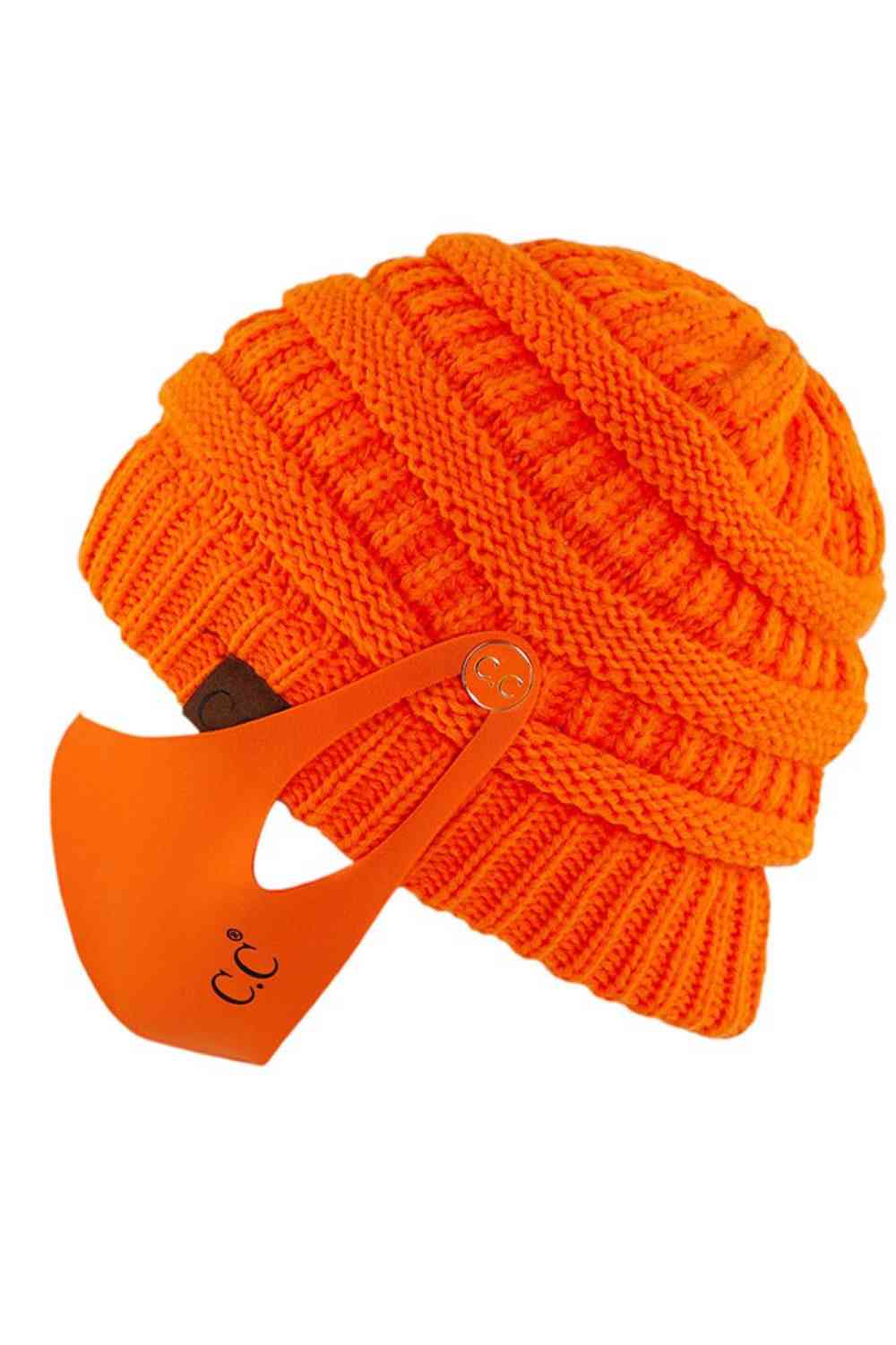 C.C Ribbed Knit Beanie With Mask Button