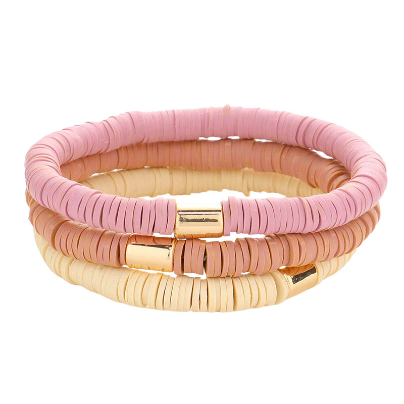 3PCS Metal Cylinder Heishi Beaded Stretch Bracelets