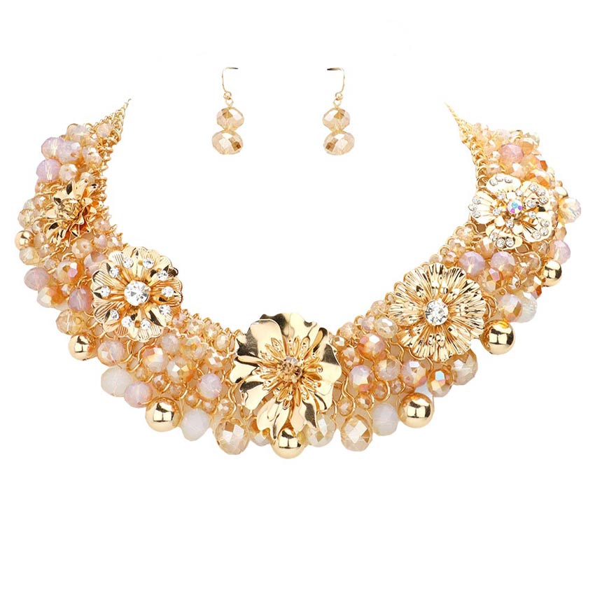 Metal Flower Accented Beaded Collar Necklace