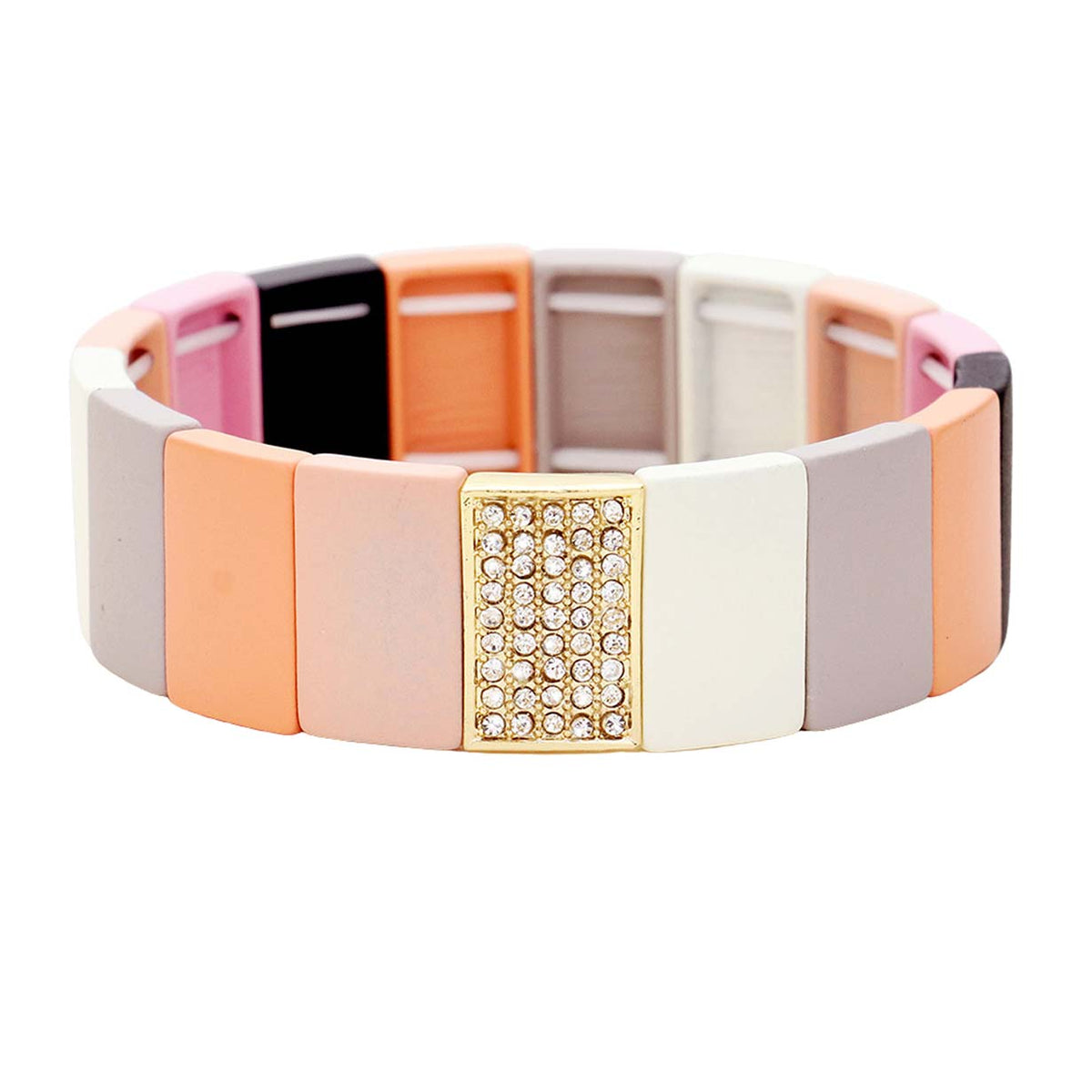 Colorful Wood Rectangle Rhinestone Pave Stretch Bracelet