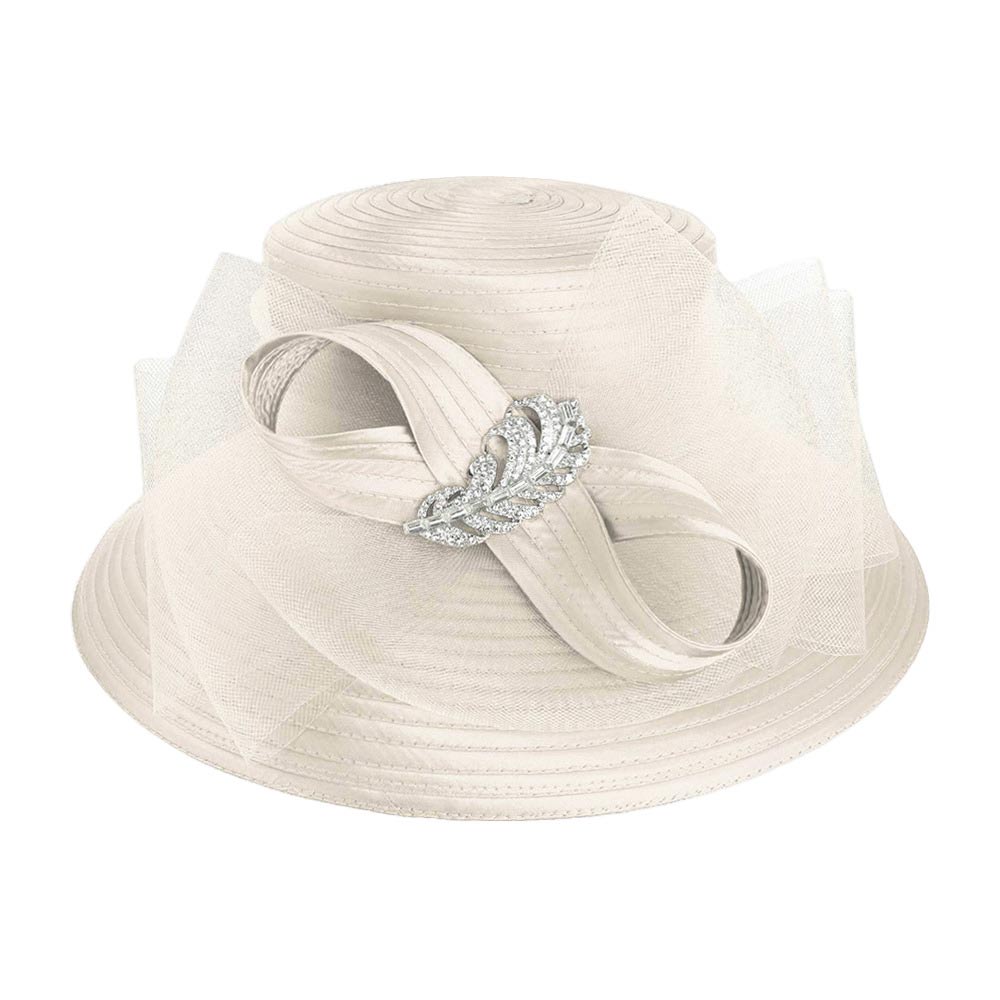 Rhinestone Embellished Feather Accented Mesh Bow Dressy Hat