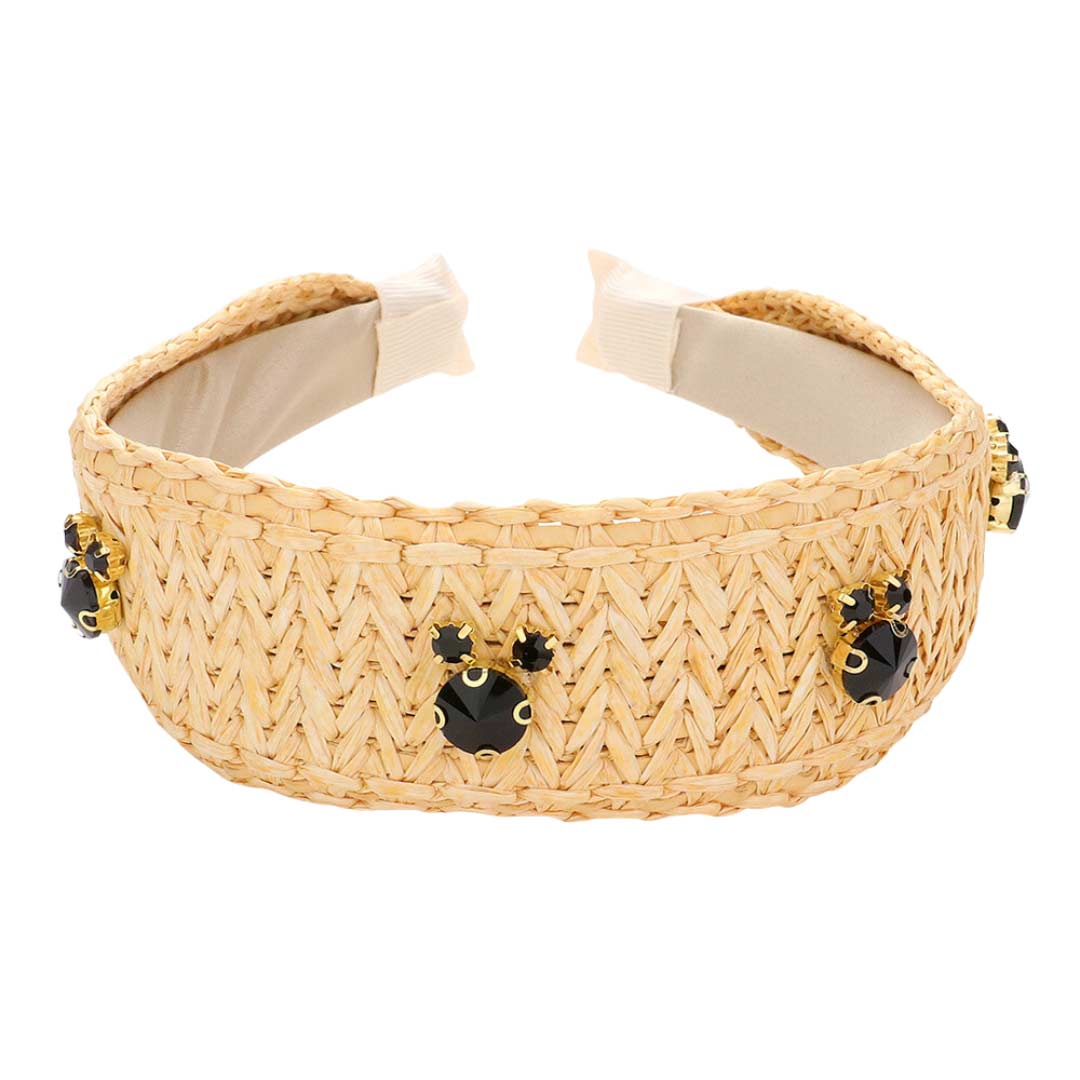 Stone Embellished Woven Straw Headband