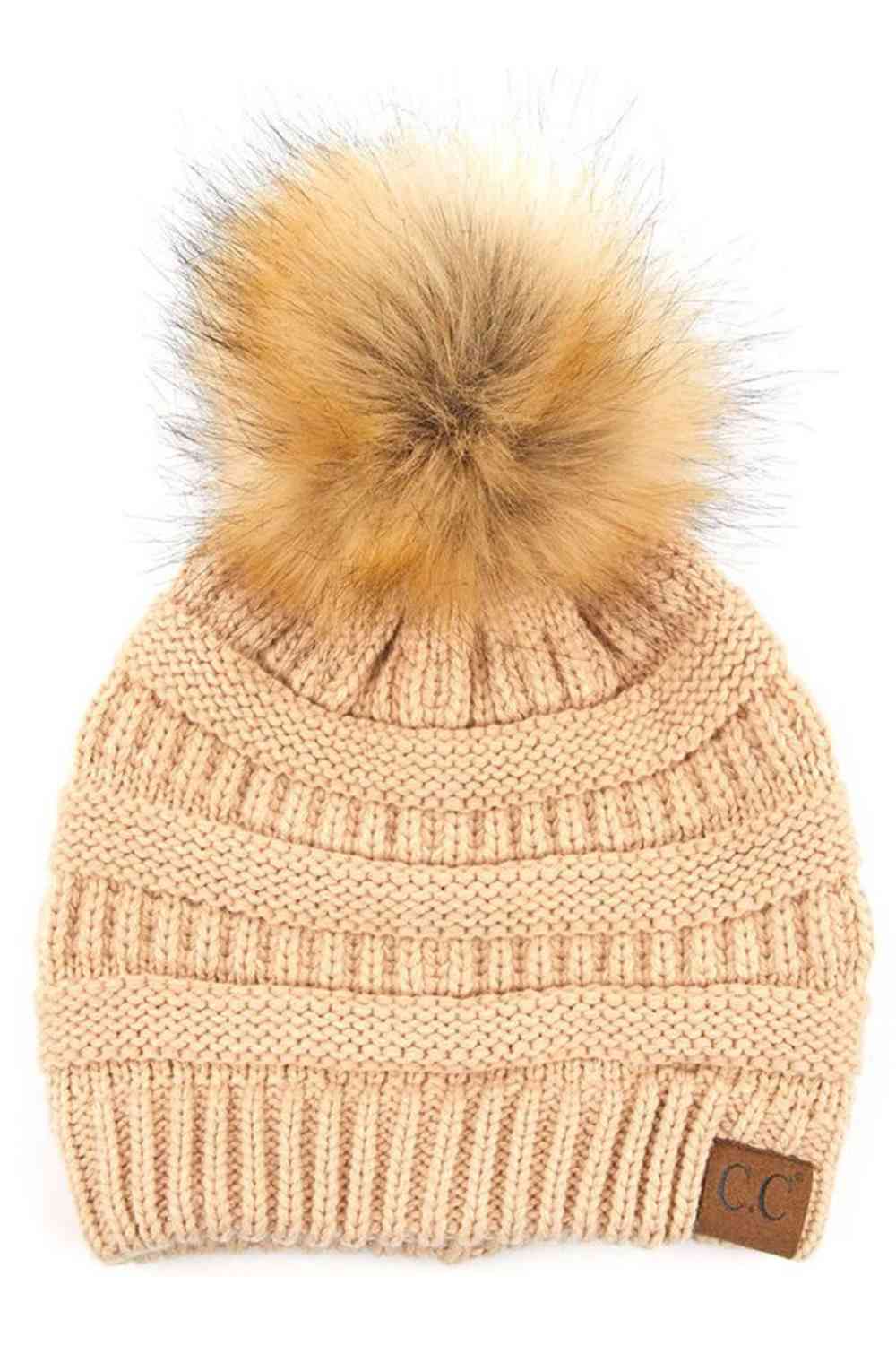 C.C Solid Ribbed Knit Beanie with Pom