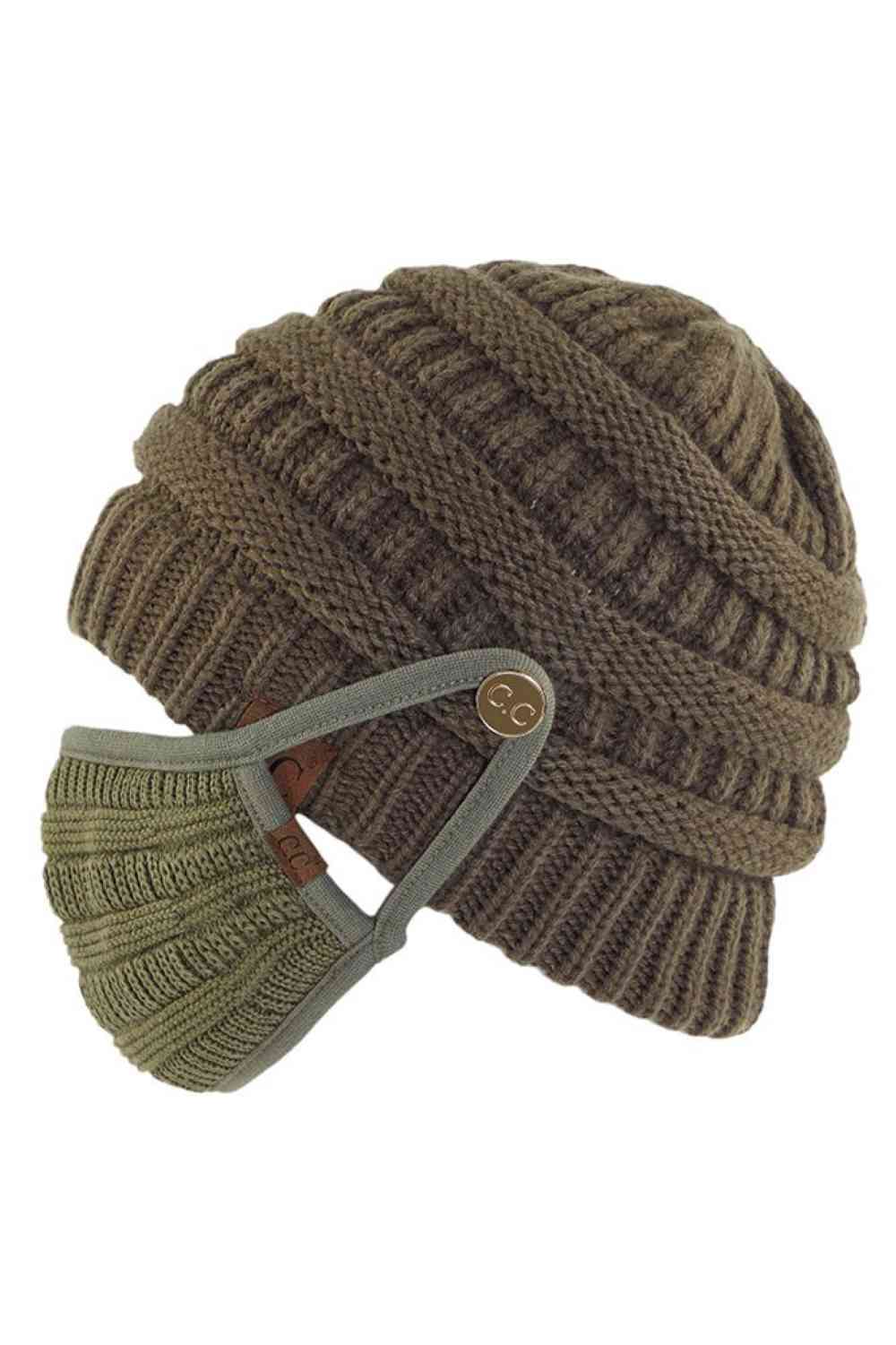 C.C Ribbed Knit Beanie With Mask Button