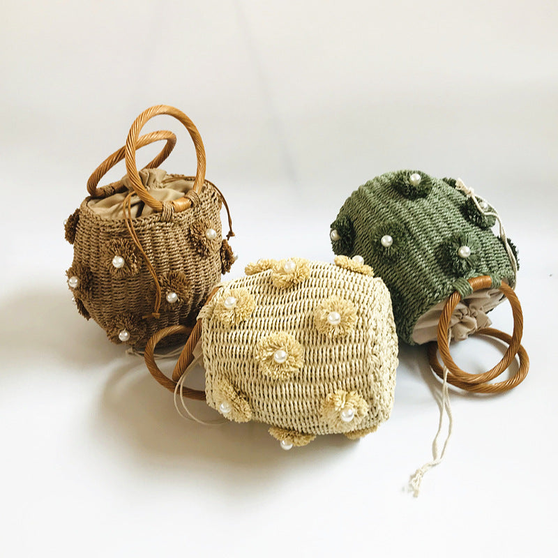 Women's Flower Artificial Pearl Decoration Portable Basket Handbags