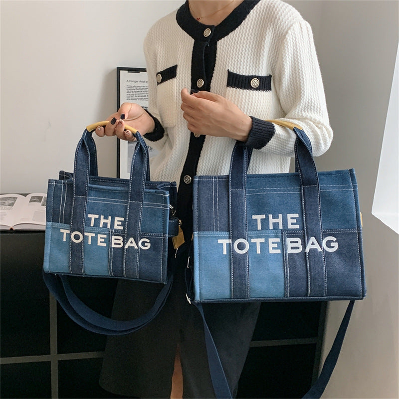 Women's Embroidered Letters Denim Blue Retro Patchwork Crossbody Bags