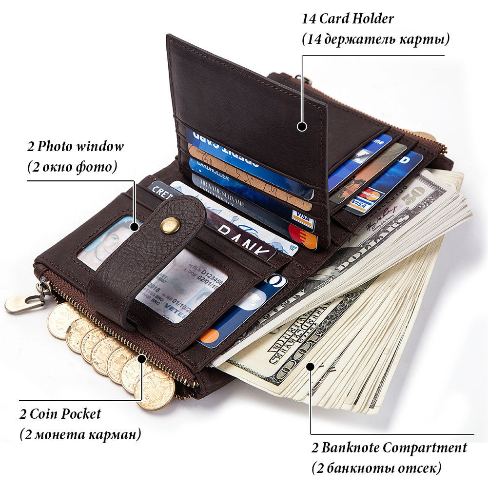 Swiping Genuine Leather Multifunctional Zipper Vintage Men's Wallets