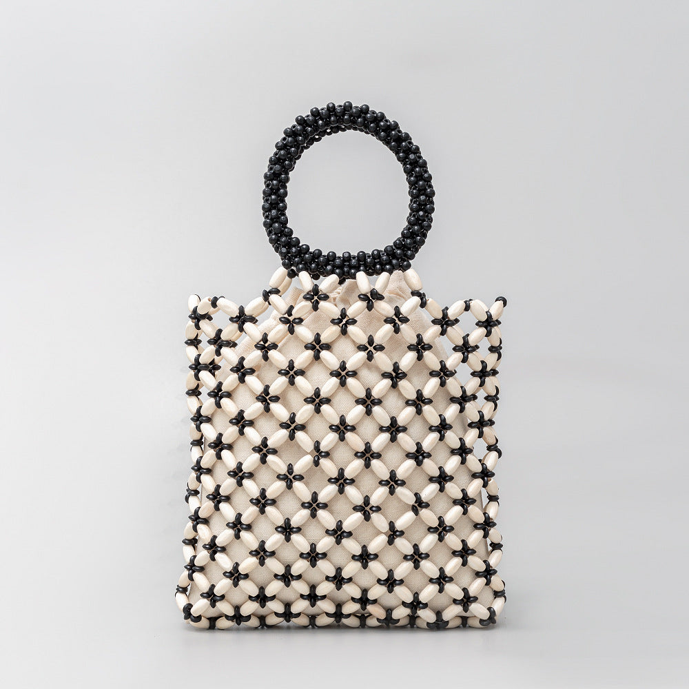 Women's Contrast Color Woven Commute Wooden Bead Shoulder Bags