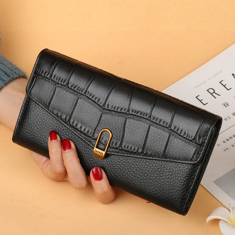 Women's First Layer Cowhide Long Two-fold Multiple Ladies Wallets