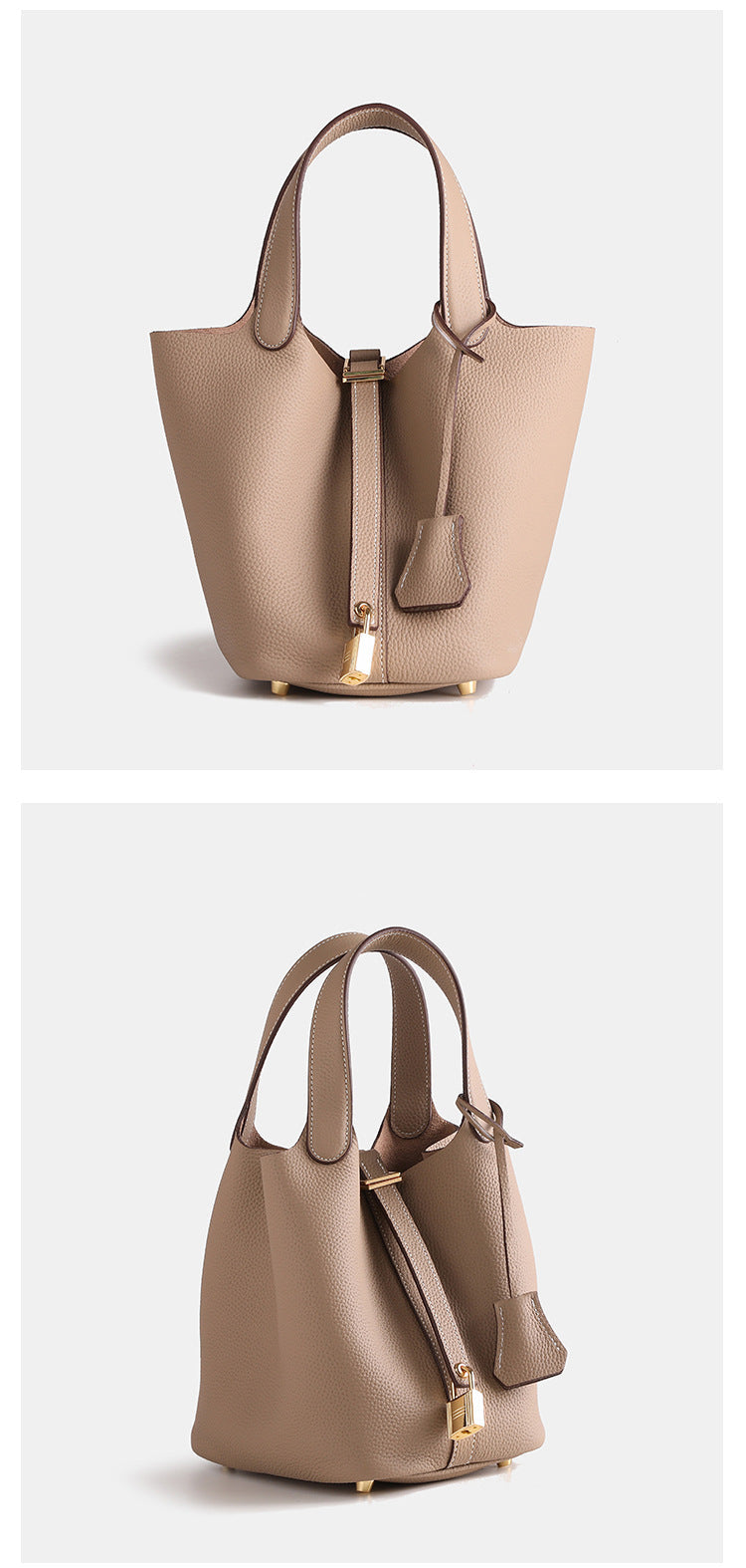 Layer Cowhide Lychee Pattern Solid Color Bucket Bags