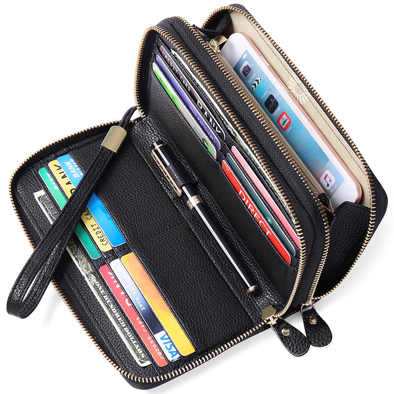 Women's Layer Cowhide Double Zip Clutch Trendy Ladies Wallets