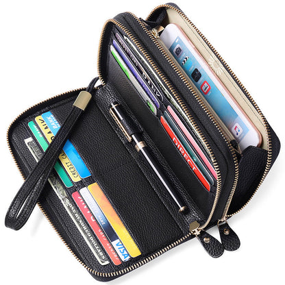 Women's Layer Cowhide Double Zip Clutch Trendy Ladies Wallets