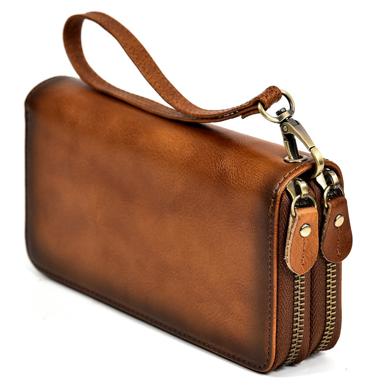 Men's Crazy Horse Leather Long Real Zipper Cowhide Men's Wallets