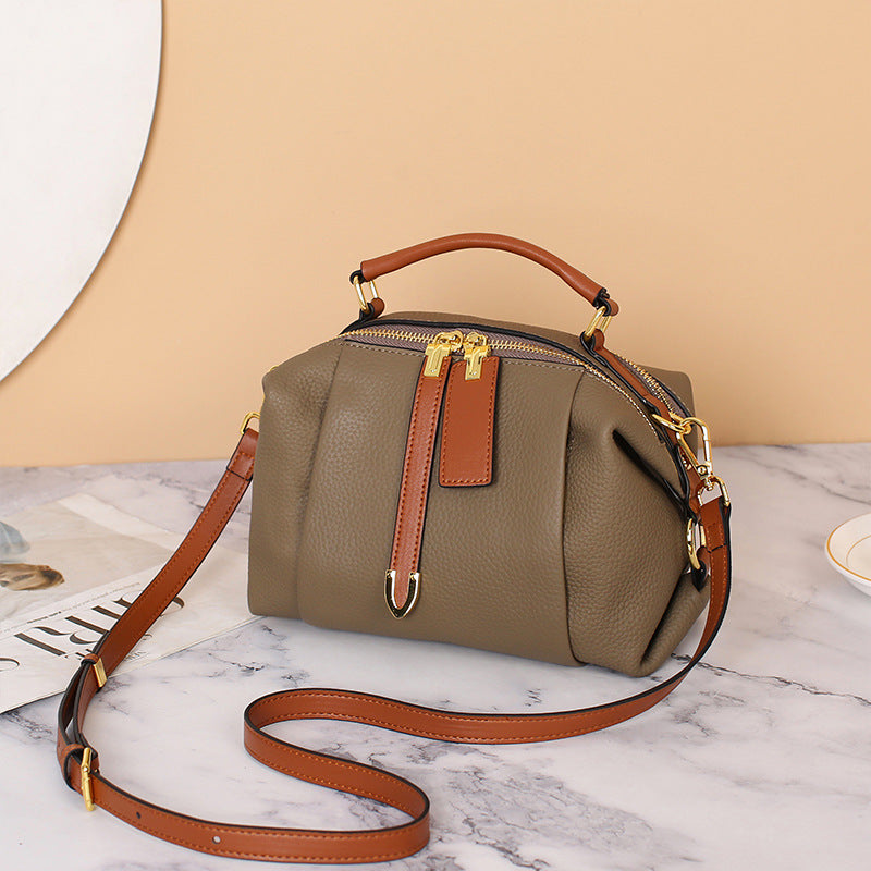 Women's Genuine Leather First Layer Contrast Color Handbags