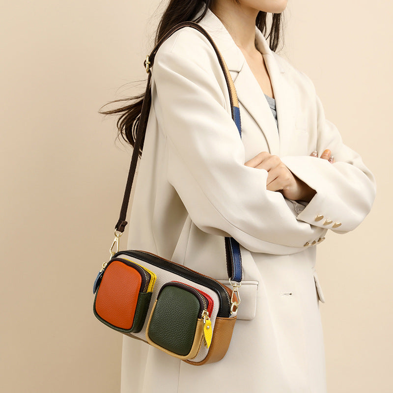 Women's First Layer Cowhide Design Fashion Contrast Bags