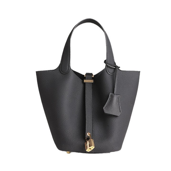 Layer Cowhide Lychee Pattern Solid Color Bucket Bags