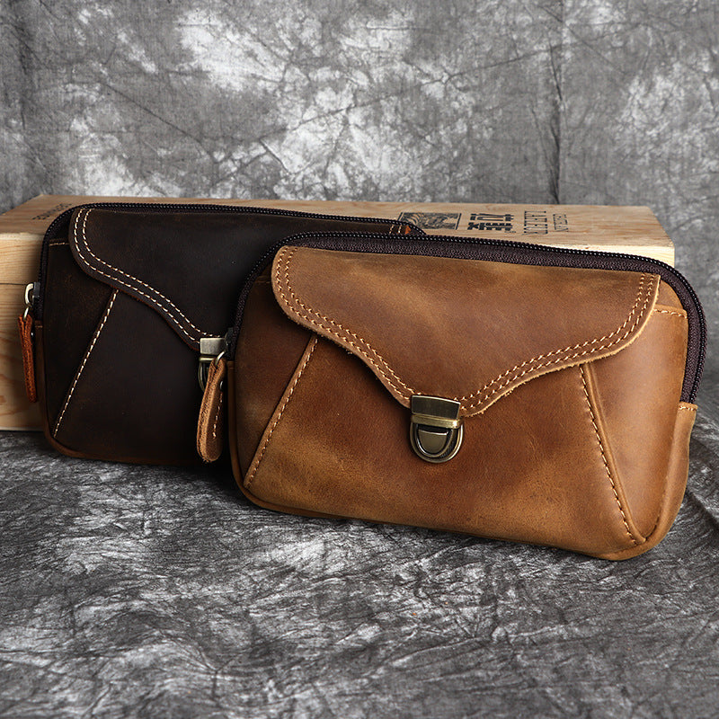 Men's Layer Cowhide Retro Simple Construction Site Men's Waist Packs
