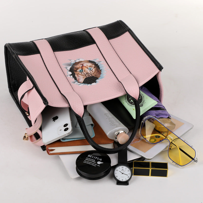 Portable Large Capacity Cartoon Printed Cat Tote Bags