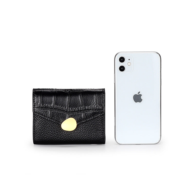 Women's Leather Short Cowhide Crocodile Pattern Three Folding Ladies Wallets