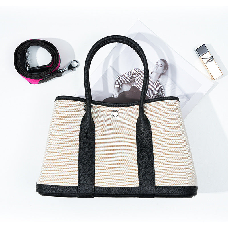 Women's Layer Cowhide Large Capacity Canvas Contrast Color Handbags