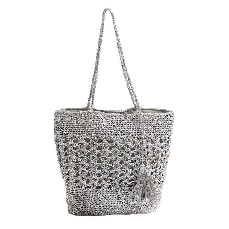 Women's Capacity Hollow Straw Tassel Woven Vacation Shoulder Bags