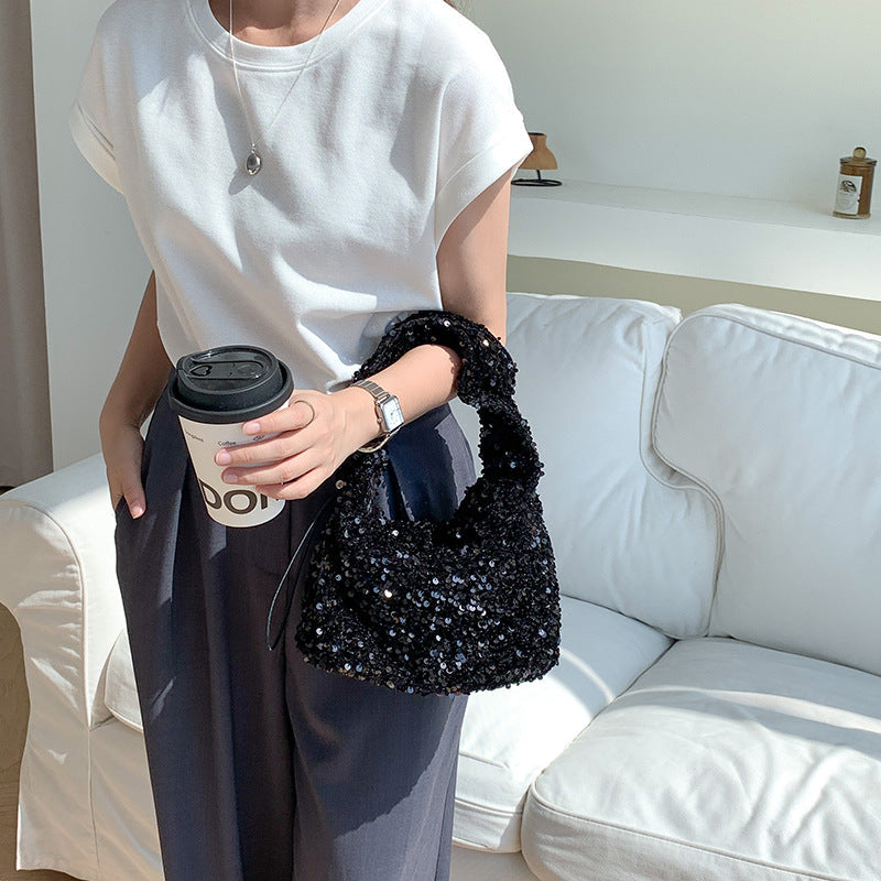 Portable Sequin Female Niche Shiny Drawstring Hand Carrying Handbags