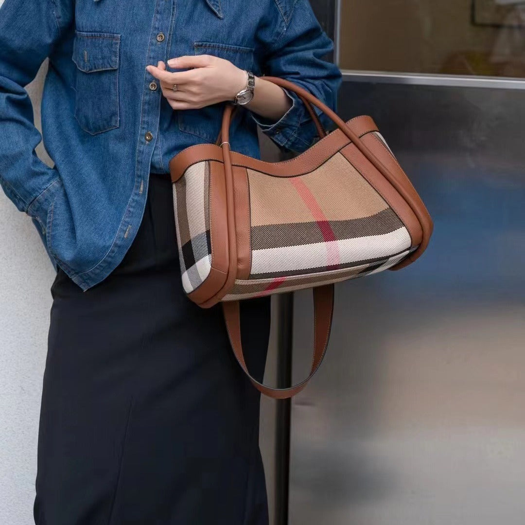 Genuine Leather Plaid Canvas Live Streaming Handbags