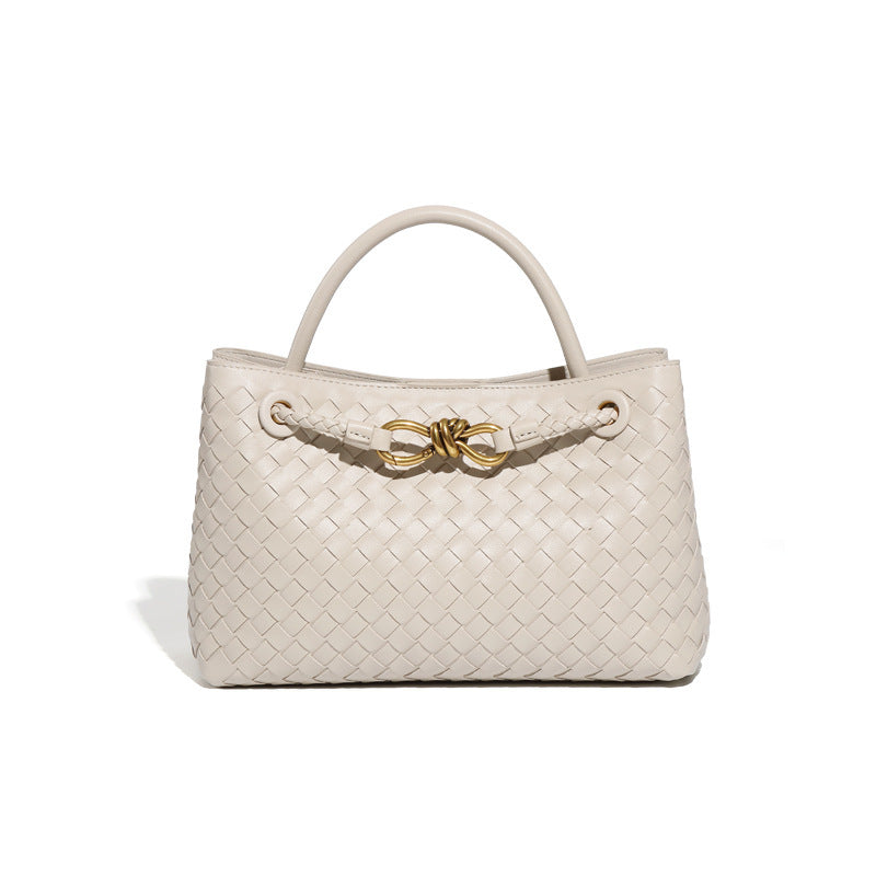 Women's Design Metal Cord Fastener Authentic Leather Weave Portable Shoulder Bags