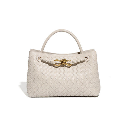 Women's Design Metal Cord Fastener Authentic Leather Weave Portable Shoulder Bags