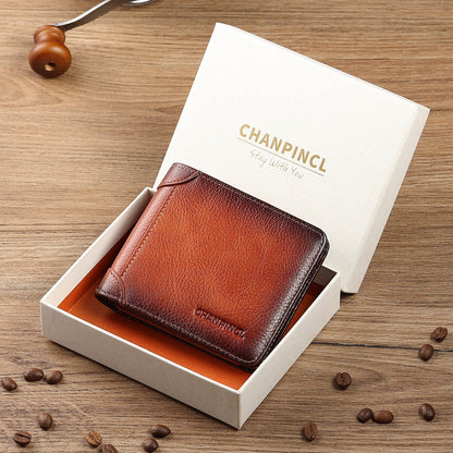 Men's Boxed Horizontal First Layer Cowhide Brushed Men's Wallets