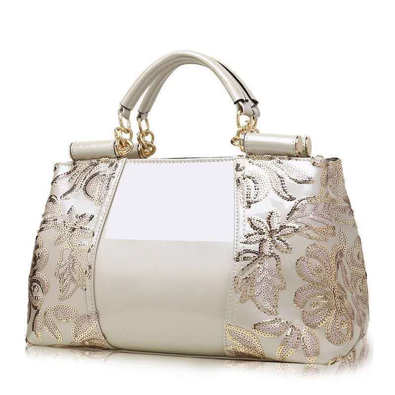 Women's Bright Leather Embroidery Stitching Texture Large Capacity High Handbags